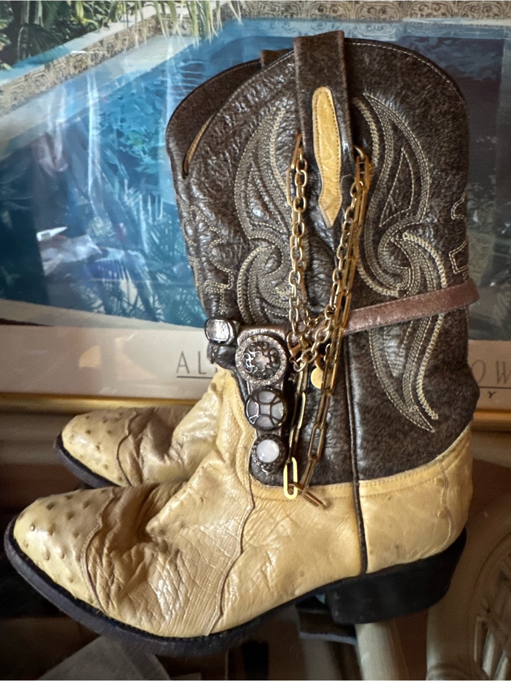 Arango Genuine Ostrich Cowboy Boots Women 6 Embellished Boho Western Cowgirl